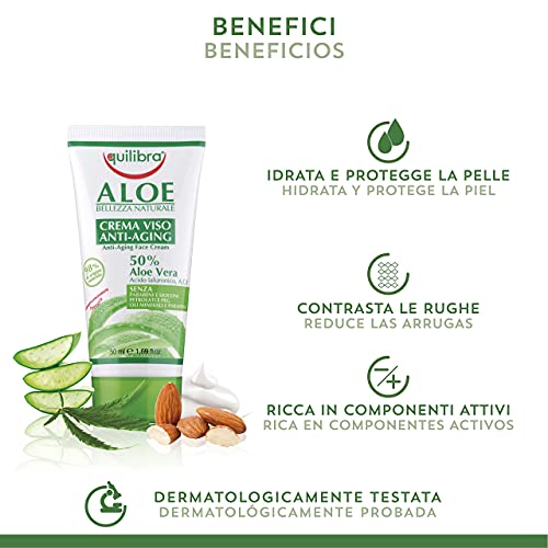 Equilibra Cuidado Facial, Crema Facial Antienvejecimiento a Base de Aloe Vera con Efecto Hidratante, Calmante y Protector para Prevenir las Arrugas y los Signos de Envejecimiento, 50 ml