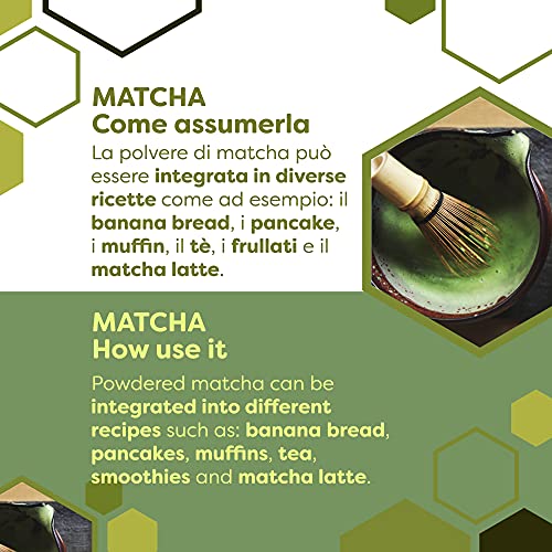 ERBOTECH Te Matcha / Polvo de té verde japonés 100 g, Multivitamínico 100% natural, Vegan, Made in Italy. Ideal para pasteles, batidos, thé helado