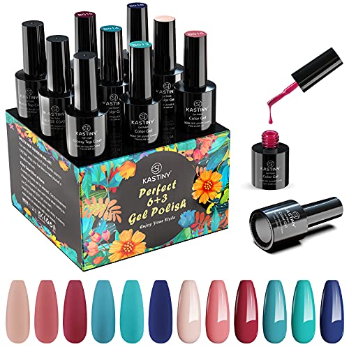 Esmaltes Semipermanentes, Kastiny 9PCS Clásico Azul Rosa Colección Pintauñas Semipermanente con Base, Capa Superior Brillante y Mate, Uñas Gel UV LED para Navidad y Año Nuevo