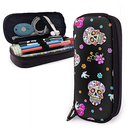 Estuche Escolar Pink Rose Flower Sugar Skull Negro Astuccio Per Matite Cremallera Doble Bolsa De Lápiz Para Estudiantes Adolescente Colegio