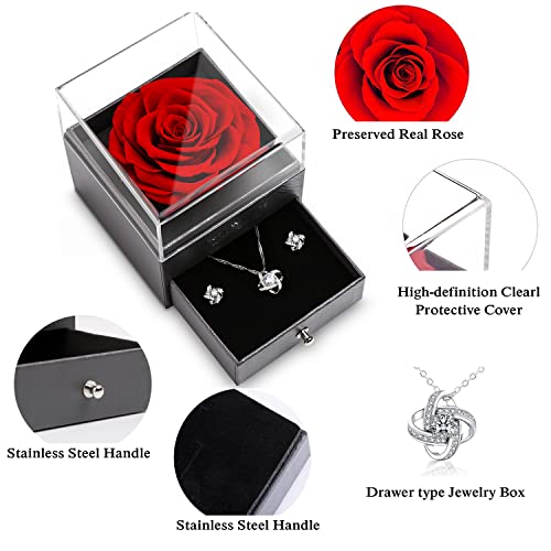 Eterna Rosa Preservada, Juego de Rosas Eternas,Caja Regalo Rosas Rojas Collar con Arete, Regalo de Cumpleaños Perfecto, Regalo Romántico para el Día de San Valentín,Día de la Madre,Aniversario,Navidad