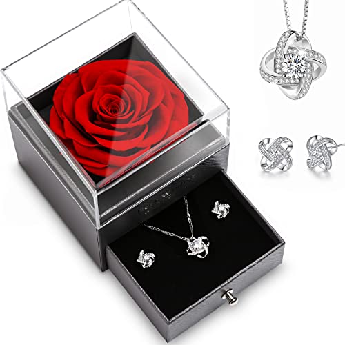 Eterna Rosa Preservada, Juego de Rosas Eternas,Caja Regalo Rosas Rojas Collar con Arete, Regalo de Cumpleaños Perfecto, Regalo Romántico para el Día de San Valentín,Día de la Madre,Aniversario,Navidad