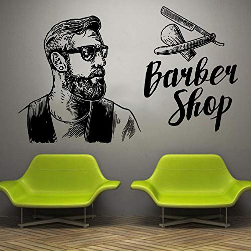 Etiqueta engomada de la etiqueta de la ventana de la pared barbería salón de los hombres corte de pelo barba herramientas faciales logo salón calcomanías de vinilo hipster barbería decoración 91x57cm