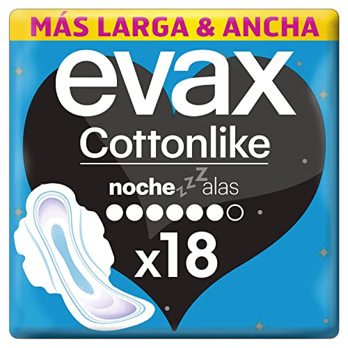 Evax Cottonlike Compresas Noche Con Alas, 18 Unidades, Parte Trasera 60% Más Larga Y Ancha