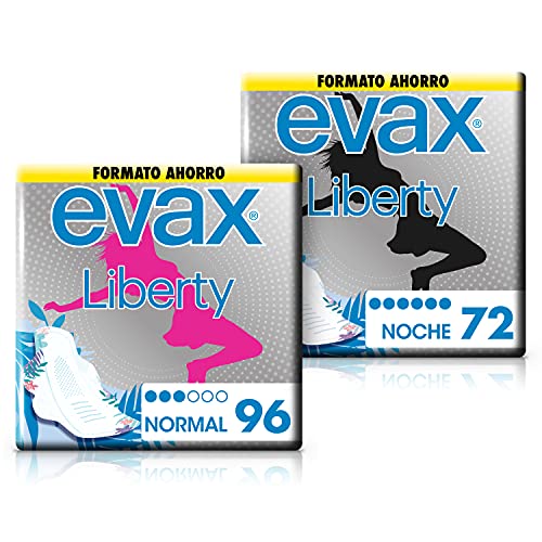 Evax Liberty Compresas Noche con Alas, 72 Unidades + Compresas Evax Liberty Normal con Alas, 96 Unidades, Se Adaptan al Cuerpo y Nutralizan los Olores