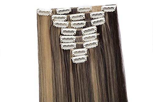 Extensiones de Cabello Natural Clip in Extensions Cabeza llena 8 Piezas 18 Clips Sintético Resistente al Calor Pedazo de Cabello Recto 66cm Castaño oscuro & rubio ceniza