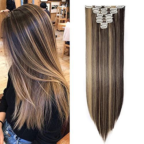 Extensiones de Cabello Natural Clip in Extensions Cabeza llena 8 Piezas 18 Clips Sintético Resistente al Calor Pedazo de Cabello Recto 66cm Castaño oscuro & rubio ceniza