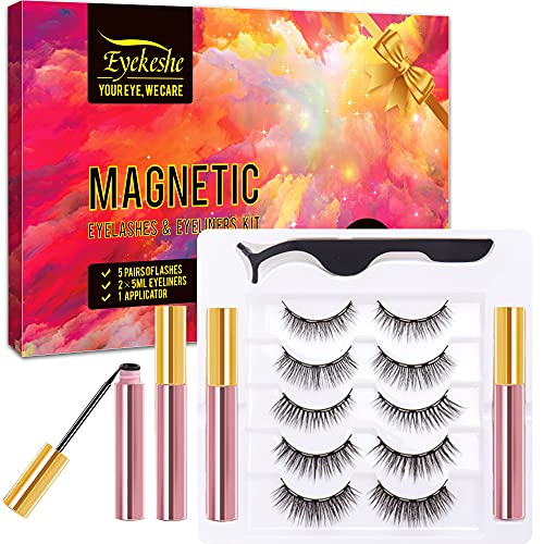 EYEKESHE Pestañas Postizas Magneticas Naturales Incluir Delineador de Ojos y Rizador de Pestañas, Cómodo Impermeable Reutilizable, Adecuado para Maquillaje Carnaval, Boda, Fiesta （5 Pares）