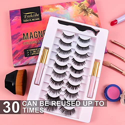 EYEKESHE Pestañas Postizas Magneticas Naturales Incluir Delineador de Ojos y Rizador de Pestañas, Cómodo Impermeable Reutilizable, Adecuado para Maquillaje Carnaval, Boda, Fiesta (10 pares)