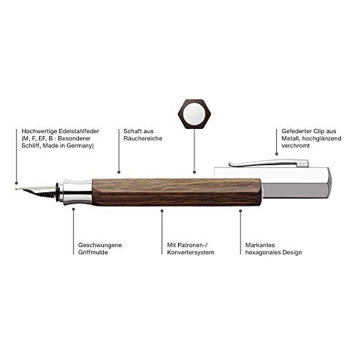 Faber-Castell Ondoro - Pluma estilográfica con cuerpo en madera de roble ahumado con forma hexagonal, plumín de acero inoxidable trazo M