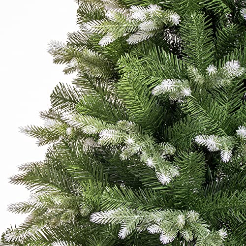 FairyTrees Árbol de Navidad Artificial Abeto Noble Nordmann de Blanco Nevado, Material PU/PVC, con Soporte de Madera Incluido, Árbol de Navidad Abeto Noble Nordmann Cubierto de Nieve, 220cm