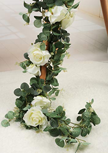 Famibay Guirnalda Eucalipto Artificial con Flores de Rosas Plantas Colgantes Eucalipto Hojas Plantas para Mesa Boda Arco Telón de Fondo decoración de Pared