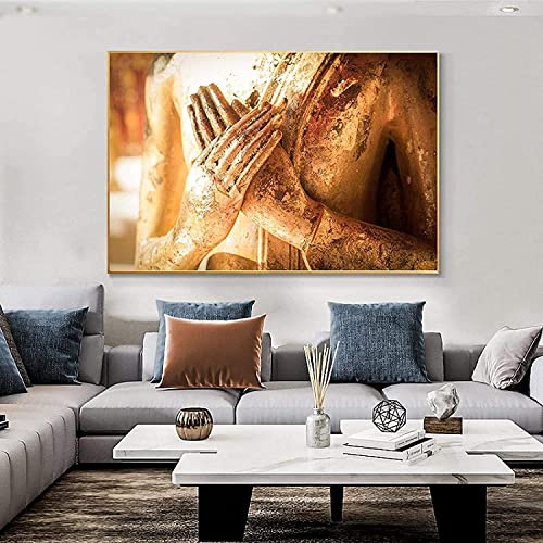 FANGAO Lienzo pintado con estatua de Buda dorada impresa, Bergamota, arte de pared con impresión, imágenes budistas, modernas para dormitorio o salón, decoración sin marco (60 x 80 cm)