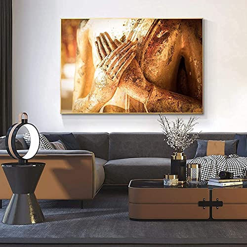 FANGAO Lienzo pintado con estatua de Buda dorada impresa, Bergamota, arte de pared con impresión, imágenes budistas, modernas para dormitorio o salón, decoración sin marco (60 x 80 cm)