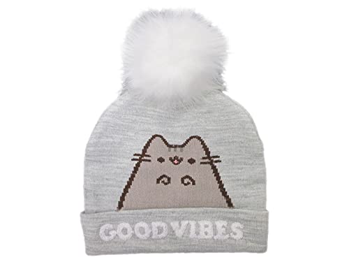 Fashion UK Gorro de gato con pompón, efecto pelo. Modelo Good Vibes. Color gris blanco. Acrílico. Talla única para mujer y niñas.