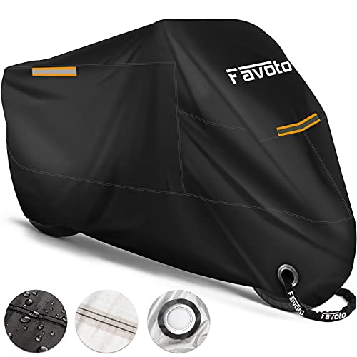 Favoto Funda para Moto Cubierta de la Motocicleta 210T Protectora Poliéster con Banda Reflectante a Prueba de Sol Agua Lluvia Polvo Viento Nieve Excremento de Pájaro al Aire Libre XL 220cm Negro