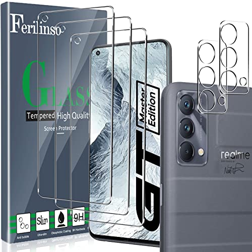 Ferilinso Protector de Pantalla Diseñado para Realme GT Master Edition 5G, 3 Piezas HD Cristal Templado con 2 Piezas Protector de Lente de cámara, Funda Amistoso, Dureza 9H, Sin Burbujas