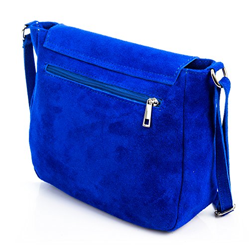 Firenze ARTEGIANI. Bolso de Mujer Piel auténtica.Bolso Bandolera Cuero Genuino Piel Gamuza.Borla Decorativa. Bolso Bandolera Mujer. Made in Italy. Vera Pelle Italiana. 24x24x8 cm. Color: Azul Oceano