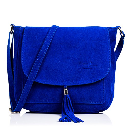 Firenze ARTEGIANI. Bolso de Mujer Piel auténtica.Bolso Bandolera Cuero Genuino Piel Gamuza.Borla Decorativa. Bolso Bandolera Mujer. Made in Italy. Vera Pelle Italiana. 24x24x8 cm. Color: Azul Oceano