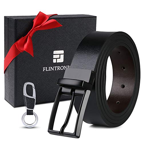 flintronic ® Cinturón Cuero Hombre, 125cm Cinturón con Reversible Correa de Hebilla de Pin Para Jeans, Trajes, Ropa Informal y Formal, Negro y Marrón(con llavero y caja de regalo)