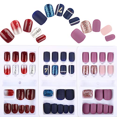 FLOFIA 90pcs Uñas Postizas Colores con Pegamento 12 Tamaños Cubierta Completa Puntas Uñas Falsas Cuadradas Acrílicas Kit Limas de Uñas Palo de Naranja Accesorios y Preparación de Uñas , 3 Cajas