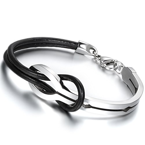 Flongo Pulsera para Hombre, Pulsera de Cuero para Hombre y Mujer de Acero Inoxidable, con Diseño de Signo de Infinito, de 20,5 cm, Color Negro, Regalos de San Valentín y Navidad