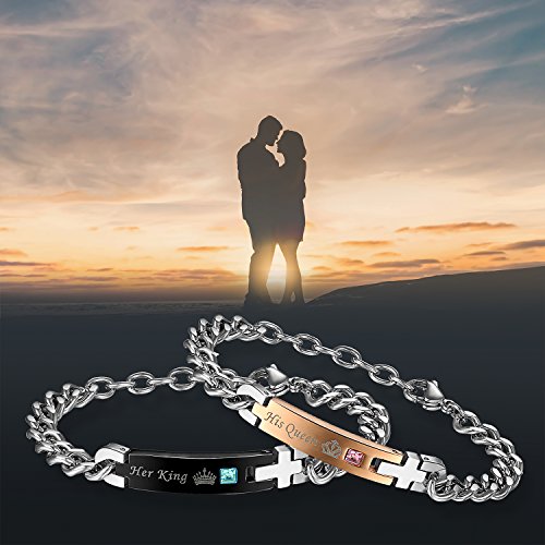 Flongo Pulseras de Parejas, Brazaletes para Parejas, Pulseras Hombre Mujer, His Queen y Her King de Acero Inoxidable Regalo Día de día de San Valentíns y Navidad Acero Inoxidable