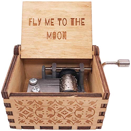 Fly Me to the Moon - Caja de música de 18 notas de manivela de madera con grabado antiguo para Navidad, cumpleaños, aniversario, regalos musicales, pequeñas colecciones, decoraciones para el hogar