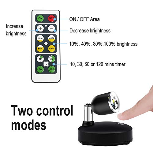 Foco LED inalámbrico, funciona con pilas con control remoto, mini iluminación regulable para cuadros de armario, 2 unidades