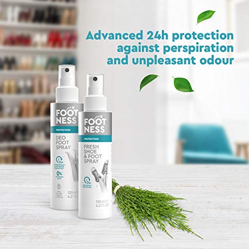 FOOTNESS Desodorante en espray para pies con efecto probado antitranspirante de 24 horas. Desodoriza, refresca y asegura una protección eficaz contra la sudoración. No contiene sal de aluminio, 125 ml