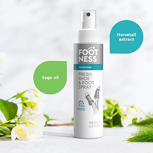 Footness - Espray protector para zapatos y pies - Elimina rápidamente el olor de los zapatos durante 24 horas. Un espray refrescante y desodorante para zapatos y pies - 125 ml