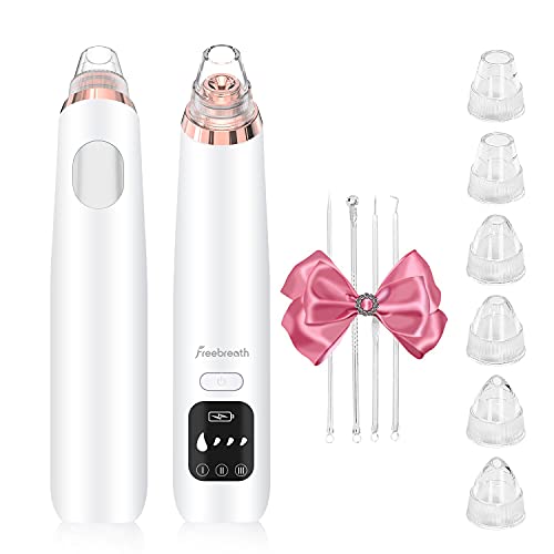 FREEBREATH Limpiador de Poros, Succionador de Puntos Negros USB Recargable, Limpiador Facial Extractor Puntos Negros para Quitar Puntos Negros, Blackhead Remover con Pantalla LED y 5 Cabezales