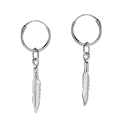 Fu You Pendientes de Plata de Ley 925 Pendientes Aro con Colgante Pluma Pendientes de Aro para Mujer Hombre