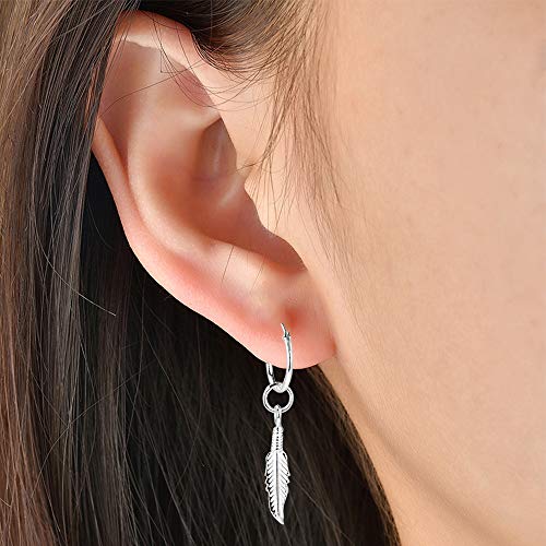 Fu You Pendientes de Plata de Ley 925 Pendientes Aro con Colgante Pluma Pendientes de Aro para Mujer Hombre