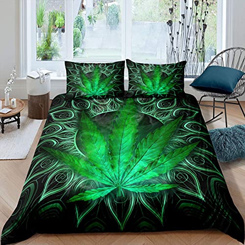 Funda de edredón de hojas de cannabis, juego de cama de marihuana para niños y niñas, adolescentes, funda de edredón de plumas de pavo real bohemia con hojas exóticas con cremallera, verde, rey