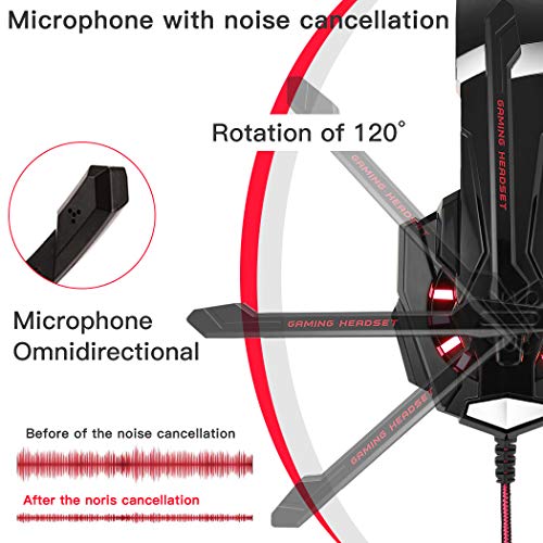 FUNINGEEK Auriculares Gaming PS4,Cascos Gaming de Mac Estéreo con Micrófono Cascos Gaming 3.5mm Jack con Luz LED Bass Surround y Cancelación de Ruido Auriculares Compatible con PC/Xbox One/Switch