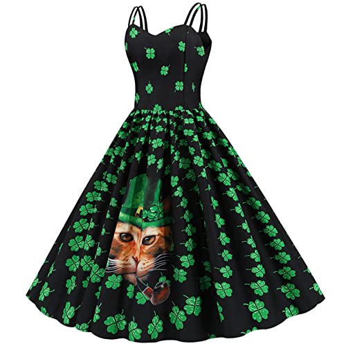 FUNWAVE Vestido de San Patricio para mujer, estilo vintage de los años 50, retro, sin mangas, trébol verde, elegante, vestido de cóctel, Gato Verde Oscuro, S