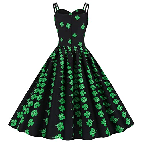 FUNWAVE Vestido de San Patricio para mujer, estilo vintage de los años 50, retro, sin mangas, trébol verde, elegante, vestido de cóctel, Gato Verde Oscuro, S