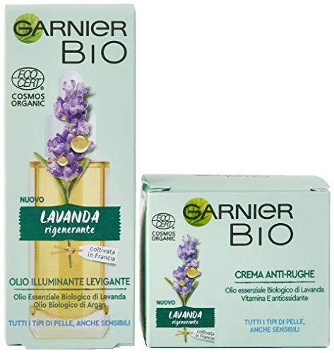 Garnier Idea regalo para mujer, caja Garnier Bio antiedad a la lavanda, con crema antiarrugas y aceite facial iluminador