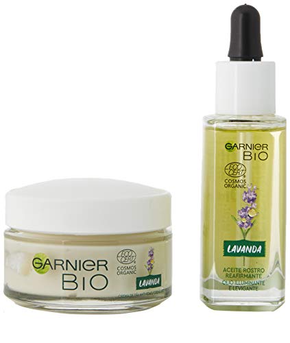 Garnier Idea regalo para mujer, caja Garnier Bio antiedad a la lavanda, con crema antiarrugas y aceite facial iluminador