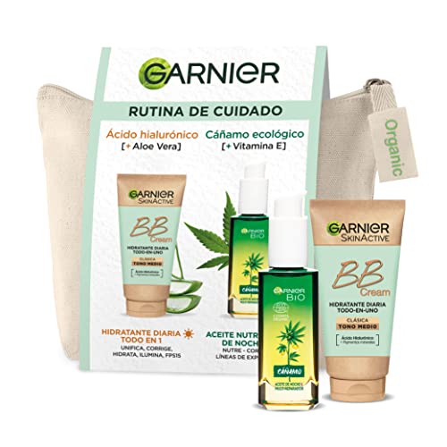 Garnier Neceser de Cuidado Facial - BB Cream Hidratante Todo en uno, Tono Medio SPF15 y Acido Hialurónico 50ml + Sérum Multireparador Ecológico con Vitamina E 30ml