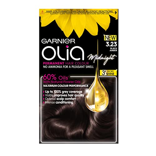 Garnier Olia Tinte para el cabello negro permanente, hasta 100% cobertura de cabello gris, sin amoníaco para un aroma agradable, 60% aceites, Olia Midnight 3.23 ámbar negro