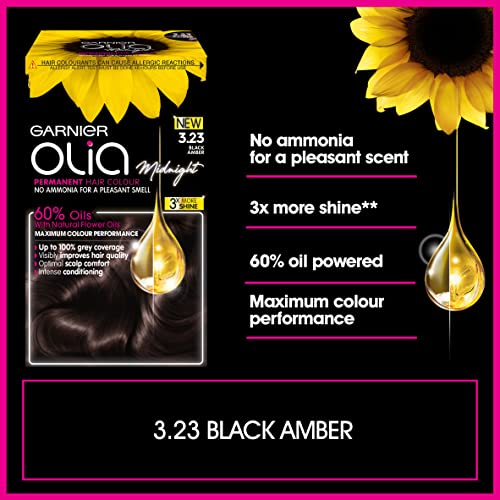 Garnier Olia Tinte para el cabello negro permanente, hasta 100% cobertura de cabello gris, sin amoníaco para un aroma agradable, 60% aceites, Olia Midnight 3.23 ámbar negro