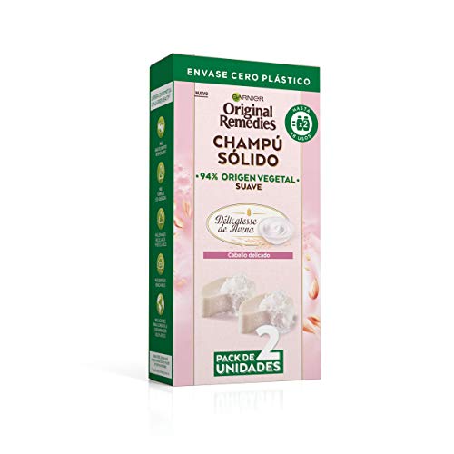 Garnier Original Remedies, Champú Sólido, Délicatesse de Avena para Cabello Delicado, Avena y Crema de Arroz, Remedio para Hidratar y Suavizar el Pelo, 94% Origen Vegetal, 48 Usos, Pack de 2, 60 g