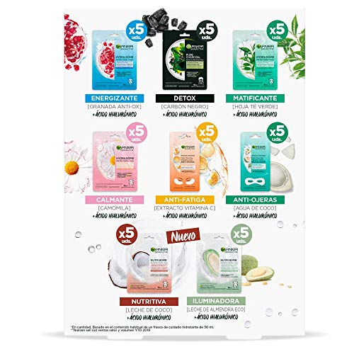 Garnier Skin Active Tissu Mask, Pack de Mascarillas Ácido Hialurónico, Efectos Diferentes: Energizante, Calmante, Matificante, Detox, Iluminadora, Reparadora, Antifatiga y Revitalizante, 40 Unidades