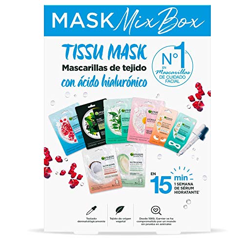 Garnier Skin Active Tissu Mask, Pack de Mascarillas Ácido Hialurónico, Efectos Diferentes: Energizante, Calmante, Matificante, Detox, Iluminadora, Reparadora, Antifatiga y Revitalizante, 40 Unidades