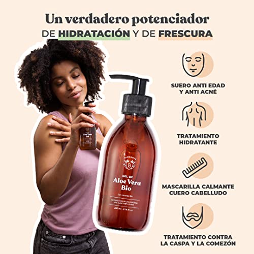 GEL DE ALOE VERA ORGÁNICO | Hecho con Pulpa Fresca de Aloe 100% Puro y Lavanda | Sin Xantano | Rostro, Contorno de Ojos, Cuerpo, Cabello | Botella de vidrio + Bomba (200ml)