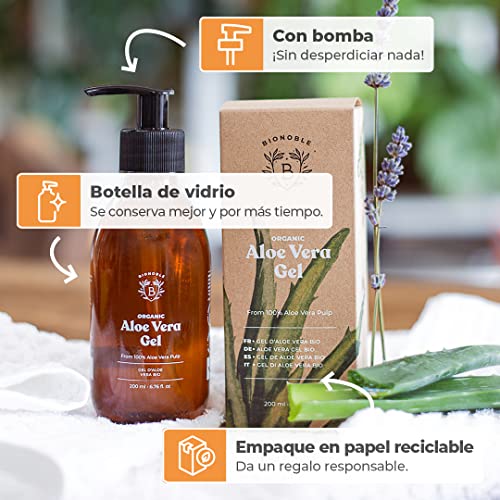 GEL DE ALOE VERA ORGÁNICO | Hecho con Pulpa Fresca de Aloe 100% Puro y Lavanda | Sin Xantano | Rostro, Contorno de Ojos, Cuerpo, Cabello | Botella de vidrio + Bomba (200ml)