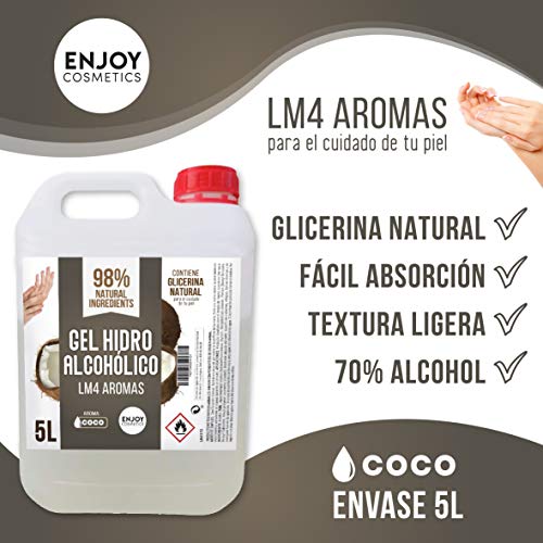 Gel hidroalcohólico, higienizante de 5 litros. Aroma suave a COCO. Glicerina natural para el cuidado piel. 70% Alcohol. Desinfecta e higieniza cuidando tu piel.