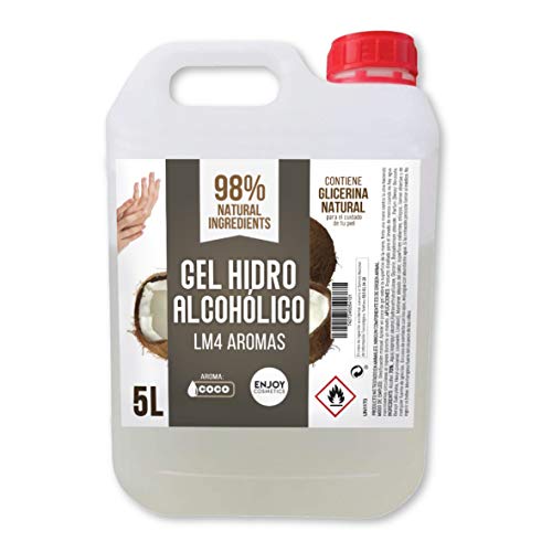 Gel hidroalcohólico, higienizante de 5 litros. Aroma suave a COCO. Glicerina natural para el cuidado piel. 70% Alcohol. Desinfecta e higieniza cuidando tu piel.